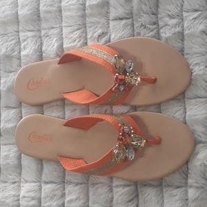 Candie's Jeweled orange and gold flip flops
